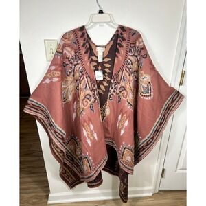 Free People Poncho Women OS Red Southwestern Knit Wrap OpenFront NEW Desert Chic